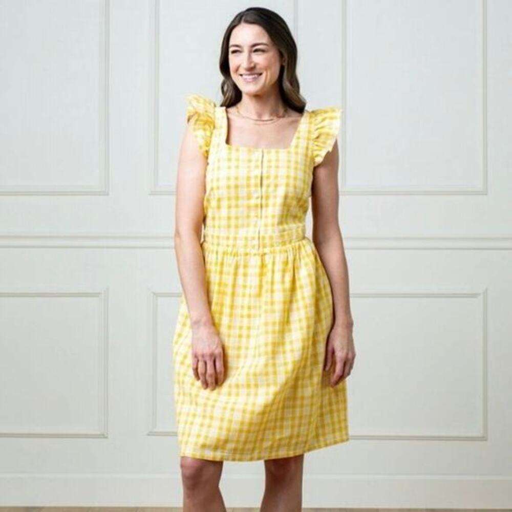 Hope & Henry‎ Linen Organic Cotton Yellow Ruffle Strap Mini Dress Size 10 Summer